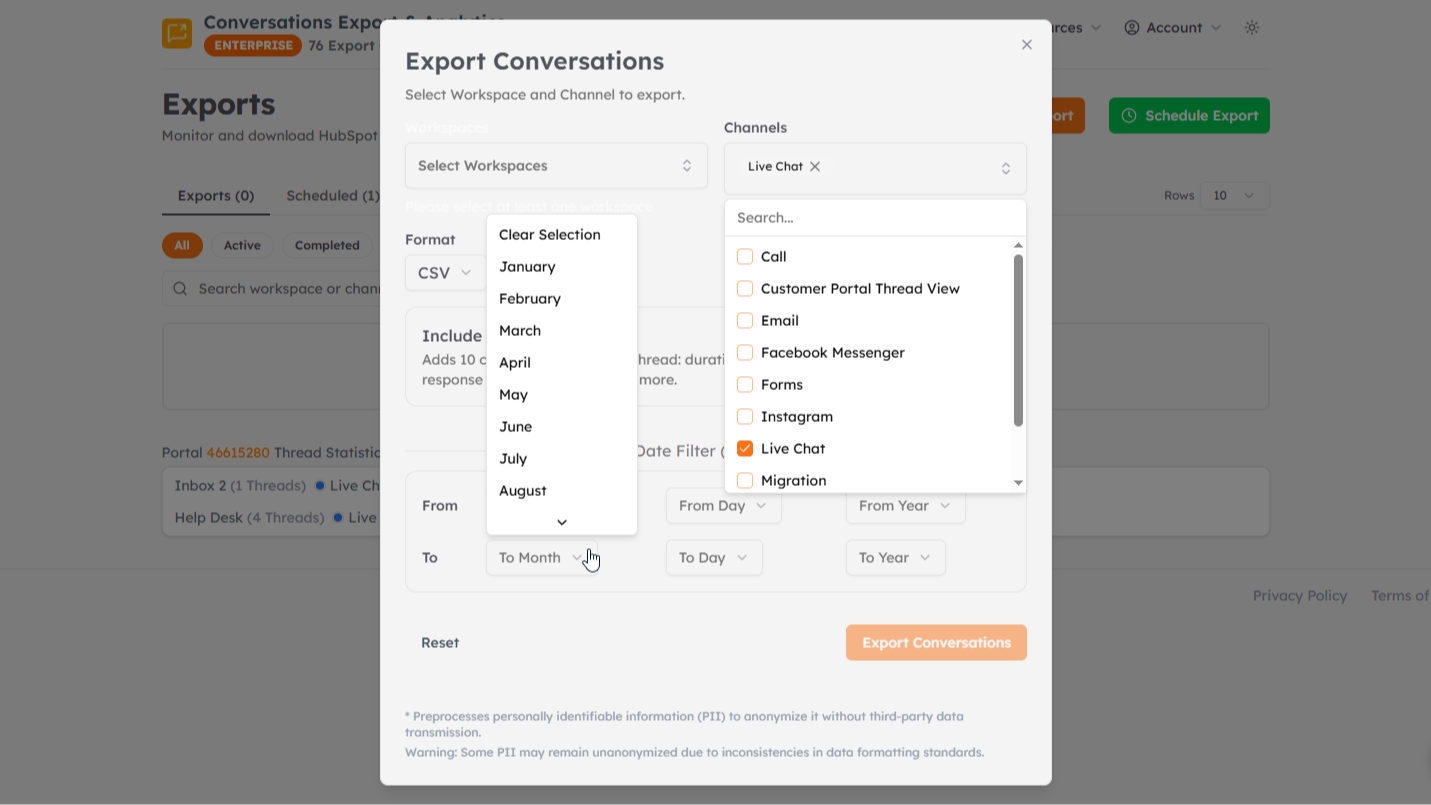Choose Conversation Channels and Dates to Export.